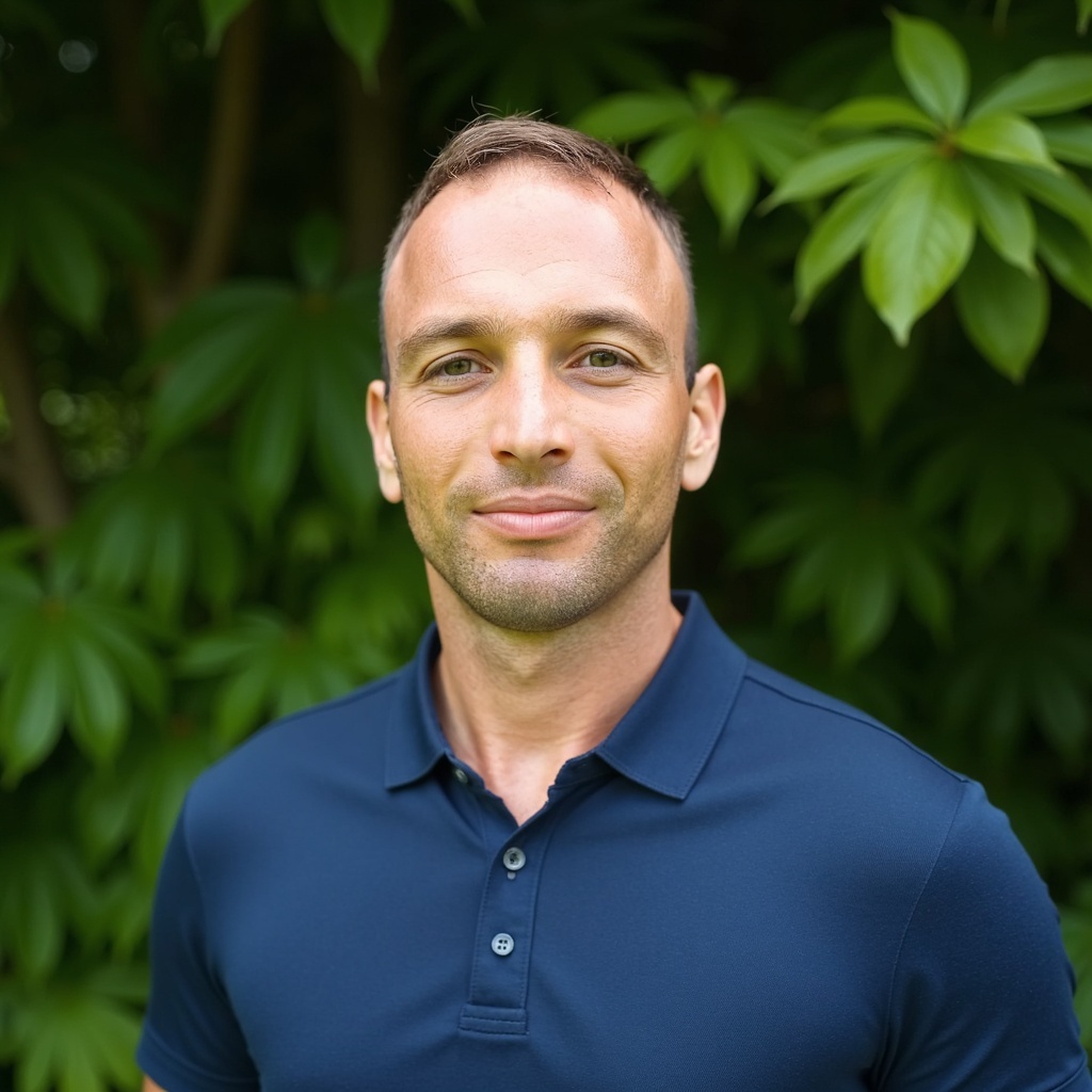 Tom Escott in a navy polo standing in front of green foliage